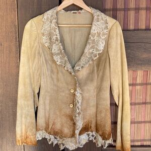 Free People vintage lace trim genuine lamb skin jacket
